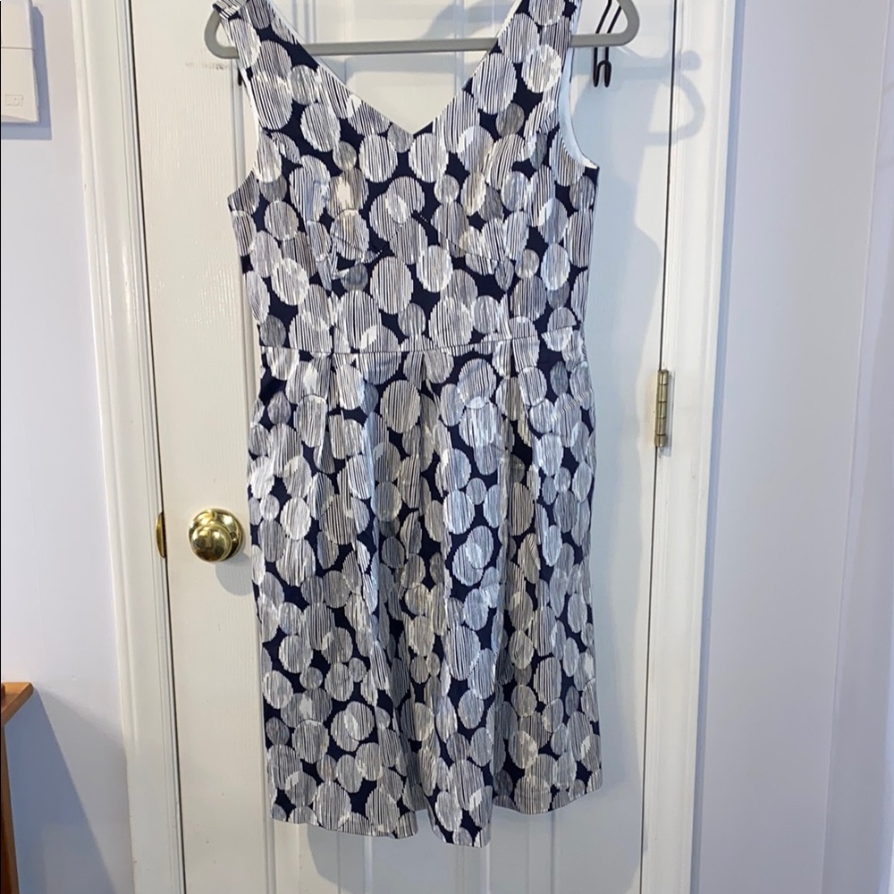 Nine West Geometric Blue and White Midi Dress, Cotton, V-neck, EUC